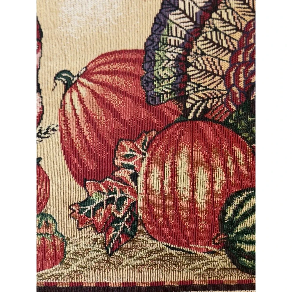 Fall/Harvest/Thanksgiving Woven‎ Tapestry Table Runner 72x13 Turkey Pumpkins EUC